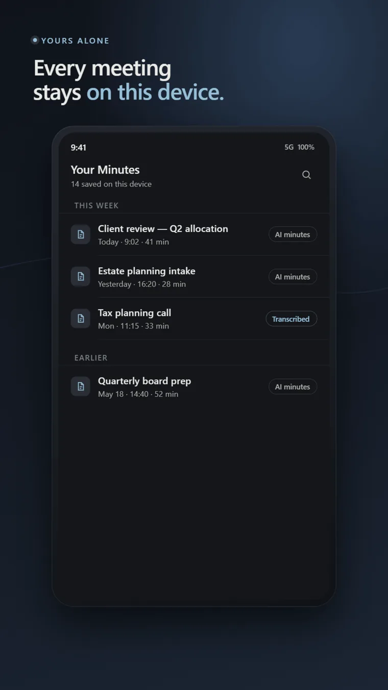 SumaFlow Minutes library — every meeting saved and kept on the device.